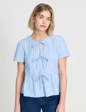 Pure Cotton Striped Tiered Blouse Blue Mix female - Finery London - FashionsVida