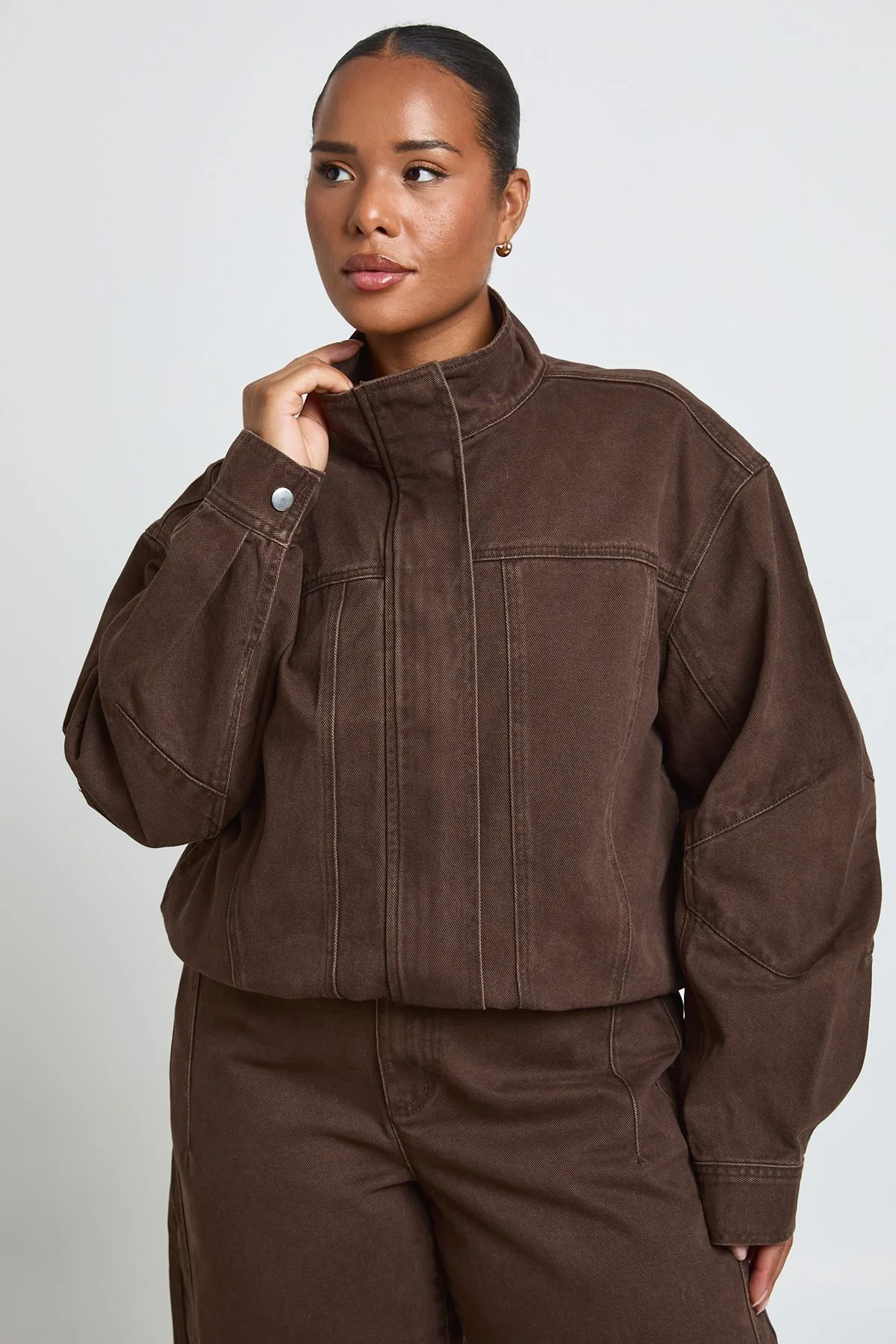 Womens Plus Funnel Neck Jacket - Brown Cotton - Size 26 Uk - Boohoo - FashionsVida
