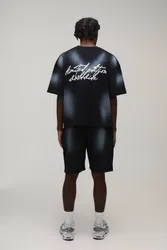 Herren Gewaschenes Übergroßes Kastenförmiges Limitiertes Oberteil & Shorts Set Black Größe XS