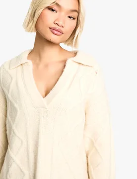 Womens Cable V Neck Collared Knit Jumper - Cream - Size Large - Boohoo - FashionsVida