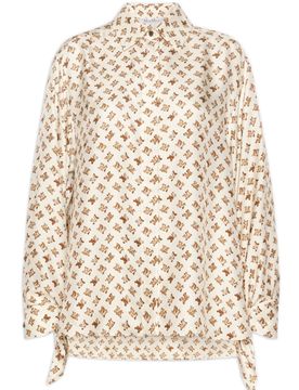 Silk Shirt Collar Drop-Shoulder Blouse with Cuff Ties and Back Pleats