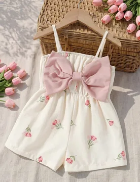 Mono con tirantes para niña joven con lazo 3D y estampado floral, conjunto de estilo vintage para niña joven para vacaciones de verano, conjunto de - Shein - FashionsVida