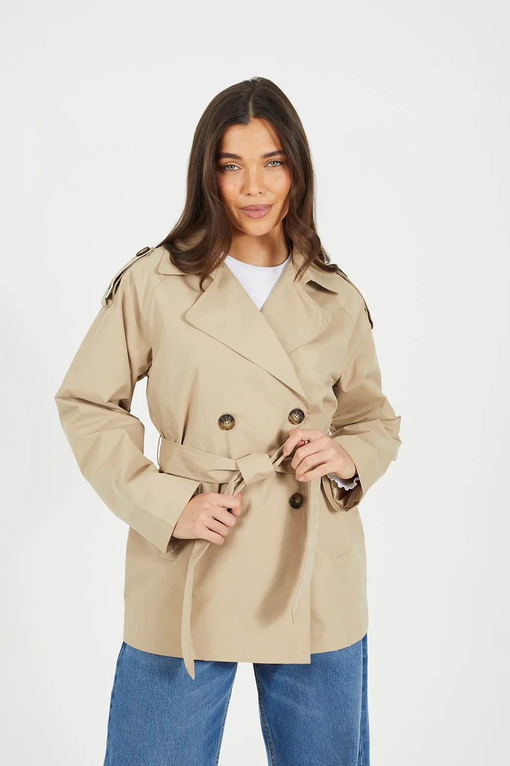Double Breasted Womens Short Mac with Tie Belt - - Size: 12 - Brave soul - FashionsVida