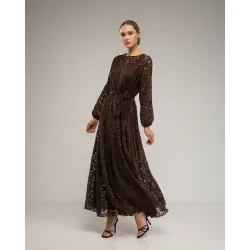 Vestido largo de encaje con cintura elástica, cinturon