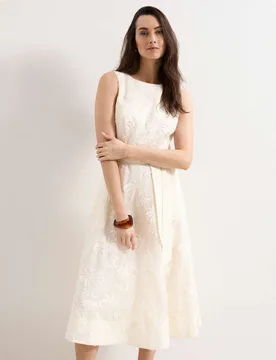 Embroidered Slash Neck Midi Waisted Dress White female - Phase Eight - FashionsVida
