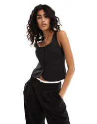 Womens Scoop Neck Waistcoat With Linen In Black - Size 6 Uk