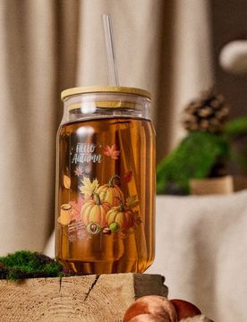 Bicchiere con cannuccia con motivo autunnale - clear