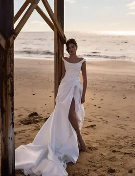 Off Shoulder Satin Mermaid Wedding Dress with High Slit Ruched Bridal Gown Elegant Court Train Custom Made Vestido De Novia - Aliexpress - FashionsVida