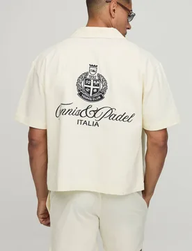 Men's Oversized Boxy Tennis Embroidered Shirt & Short Set Ecru Size X-Small Ecru XS - boohooMAN - FashionsVida