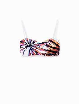 Top bikini bandeau tropical, Mujer, Blanco, XS
