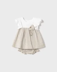 Abitino a righe beige e bianche con rouches e coulotte abbinata