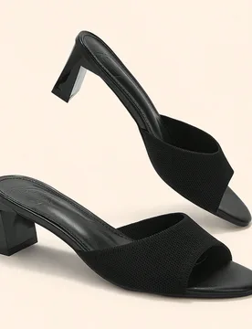 Sandalias de tacón con punta abierta de punto negro para mujer, mules de tacón grueso elegantes, calzado cómodo y casual - Shein - FashionsVida