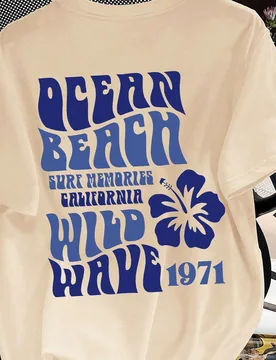 Camiseta de manga corta con cuello redondo casual, estampado retro de flor de hibisco y surf, adecuada para usar en primavera y verano, estilo para ad - Shein - FashionsVida