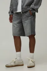 Mens Washed Relaxed Denim Shorts - Beige Cotton - Size Large