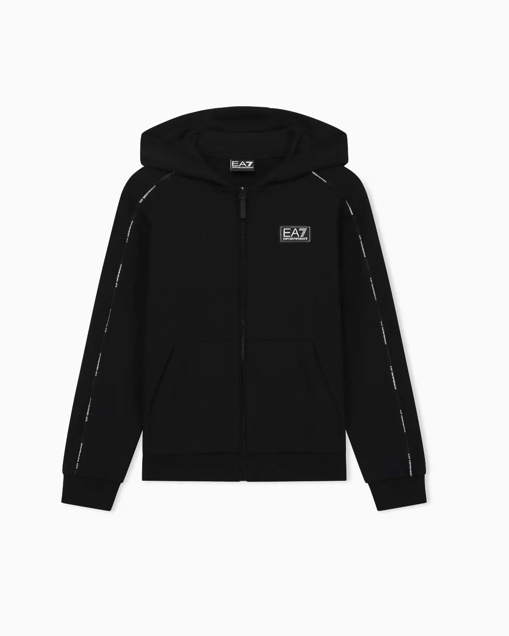 Felpa nera con cappuccio e zip e bande logate - EA7 Junior - FashionsVida
