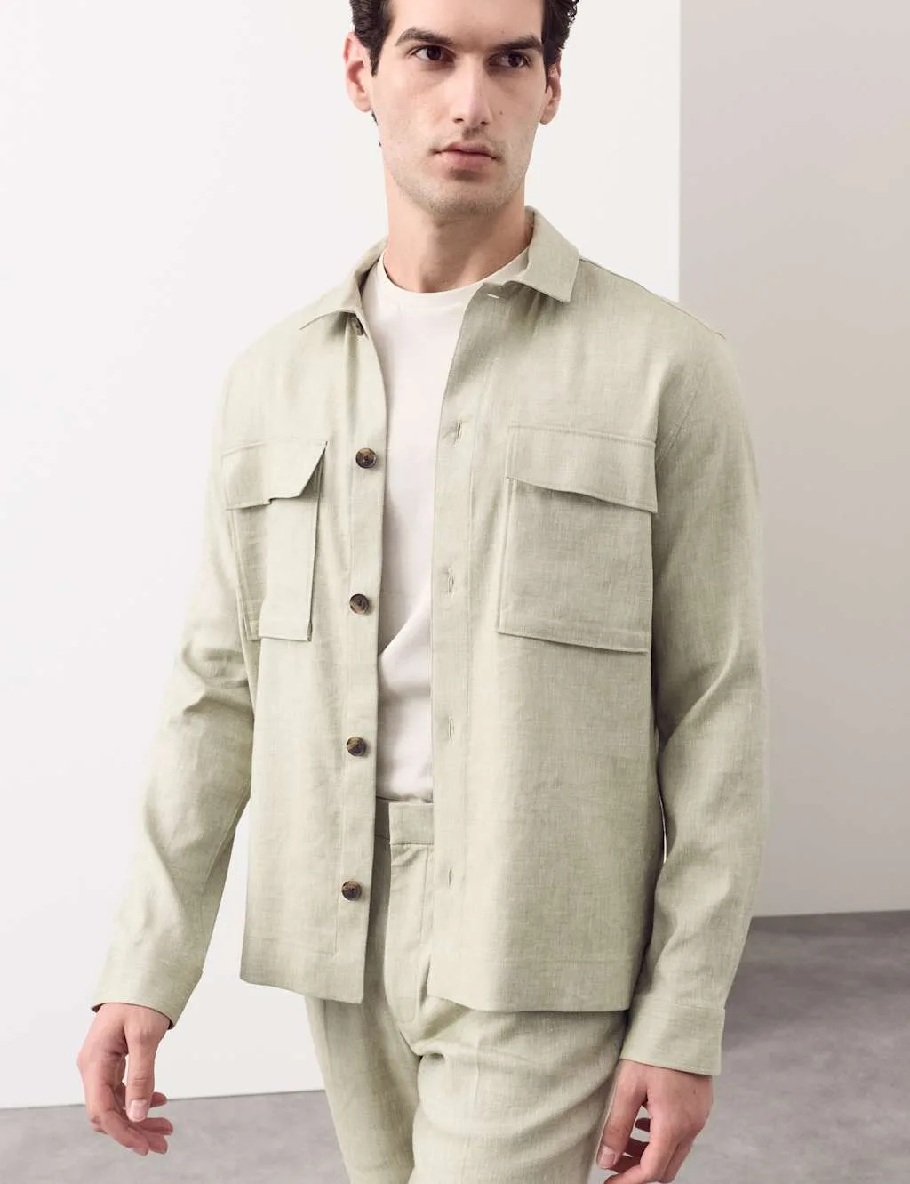 Linen Blend Twill Performance Overshirt Light Olive male - Autograph - FashionsVida