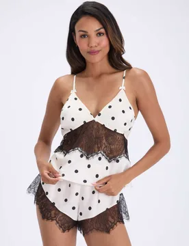 Phoebe Satin Polka Dot Lace Shortie Set Ivory Mix female - Boux Avenue - FashionsVida