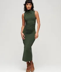 Superdry Damen Jersey-midikleid mit Raffung Grün - Größe: 44