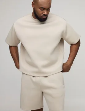 Mens Plus Oversized Boxy Bonded Scuba T-Shirt & Relaxed Short Set - Beige - Size 2xl - boohooMAN - FashionsVida