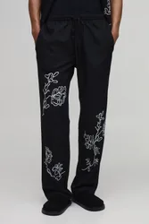 Herren Locker Geschnittene Hose Mit Leinenmischung Und Floraler Stickerei Im Set Black Größe XL