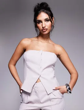 Womens Exclusive Tailored Bandeau Split Front Top Co-Ord In Light Grey - Size 14 Uk - KAIIA - FashionsVida