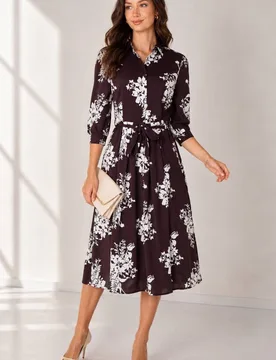 Women's Brown Ivory Bouquet Print Belted Midi Shirt Dress Size: 18 - Brown - Size: 18 - LOVE SUNSHINE - FashionsVida