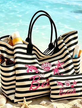 Piezas Conjunto de bolso tote a rayas y bolsa de maquillaje, estampado con patrón "Playa", adecuado para vacaciones, viajes, desplazamientos, compras