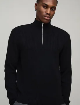 Mens Regular Fit Ribbed 1/4 Zip Funnel Neck Jumper - Black - Size Medium - boohooMAN - FashionsVida