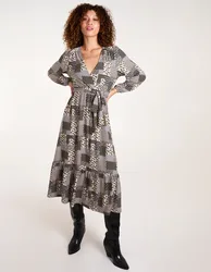 Geometric Wrap Front Belted Midi Dress - L / KHAKI - female