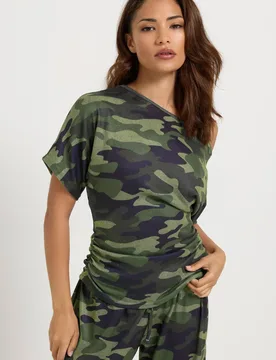 Women's Petite Camo Short Sleeve Top in Light Khaki Size: 8 - Light Khaki - Size: 8 - PixieGirl - FashionsVida
