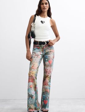Pantalon jean flare imprimé, , Coton, Bleu, 34