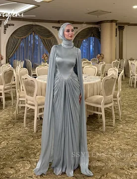 SSYTENS Modest Silk Satin Evening Dresses Long Cape Sleeves High Collar Muslim Prom Dresses Luxury Dubai Prom Gowns Customized - Aliexpress - FashionsVida