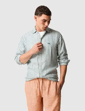Slim Fit Pure Linen Striped Shirt Dark Green Mix male - Rodd & Gunn - FashionsVida