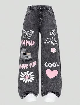 Jeans casuales de pierna recta con efecto rasgado y estampado para adolescentes, en lavado medio - Shein - FashionsVida