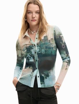 Camiseta abotonada textura, Mujer, Poliester, Negro, XS