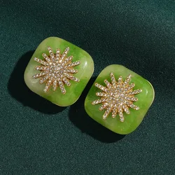 Vintage Square Sunflower Green Agate Snowflake Pendant Earrings Gold Color Trendy Art Deco Jewelry Luxury High Quality Gift
