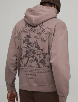 Herren Oversized Washed Western Bedruckter Hoodie Sweatshirt Chocolate Größe XS - boohooMAN - FashionsVida