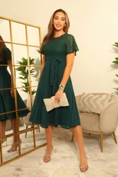 Lace Top Chiffon Godet Dress - Teal - Size: 10