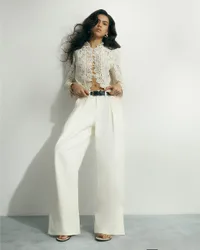 Womens Wide Leg Jeans Cream Belted Pleated Cotton - Size 6 Regular