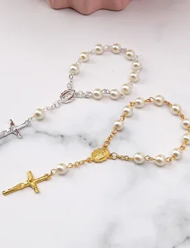 Catholic Cross Finger Chain Mini Rosary Finger Baptism Rosaries Faux Pearls Bracelet for Baptism Favors Christening - Aliexpress - FashionsVida