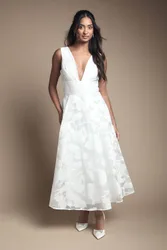Plunge Neck Jacquard Midi Wedding Dress - Ivory - Size: 10