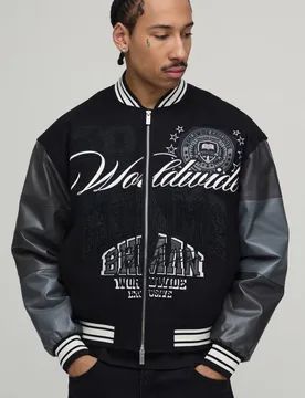 Herren Kastige Melton- Und PU-Materialmix-Jacke Mit Verzierung Im College-Stil Black Größe 4XL - boohooMAN - FashionsVida