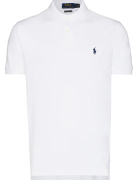 Ribbed Polo Collar Two-Button Placket Short-Sleeve Polo Shirt with Embroidered Pony (Model in Size M)