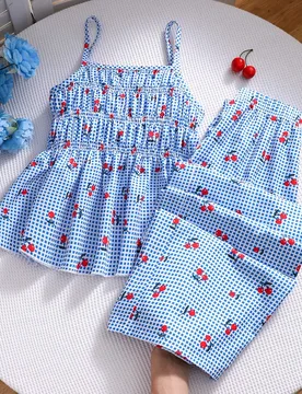 Conjunto de verano con top de tirantes a cuadros de cereza y pantalones rectos de cintura elástica para niñas - Shein - FashionsVida