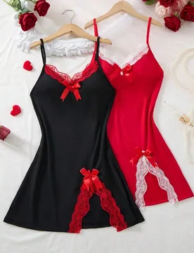 Piezas Camisón de mujer con adorno de lazo y dobladillo con abertura lateral, con detalles de encaje para el Día de San Valentín - Shein - FashionsVida
