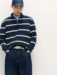 Cotton Rich Waffle Striped Half Zip Sweatshirt Navy male