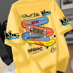 Camiseta de cuello redondo con estampado de monopatín para adolescentes, top casual suave de verano para niños