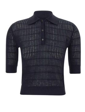 Silk/Wool Blend Ribbed Polo with Short Button Placket