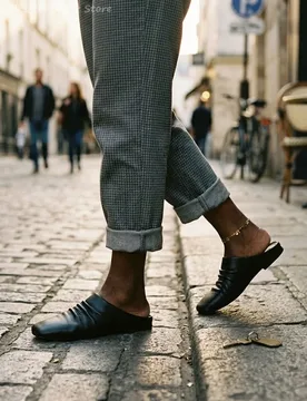 Men Mules Sneakers Pleated Leather Square Toe Slip On Half Slippers Backless Footwear Flat Casual Vintage Walking Shoes Men New - Aliexpress - FashionsVida