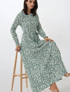 Womens Flowering Crew Neck Maxi Dress With Belt - Mint - Hiccup - FashionsVida